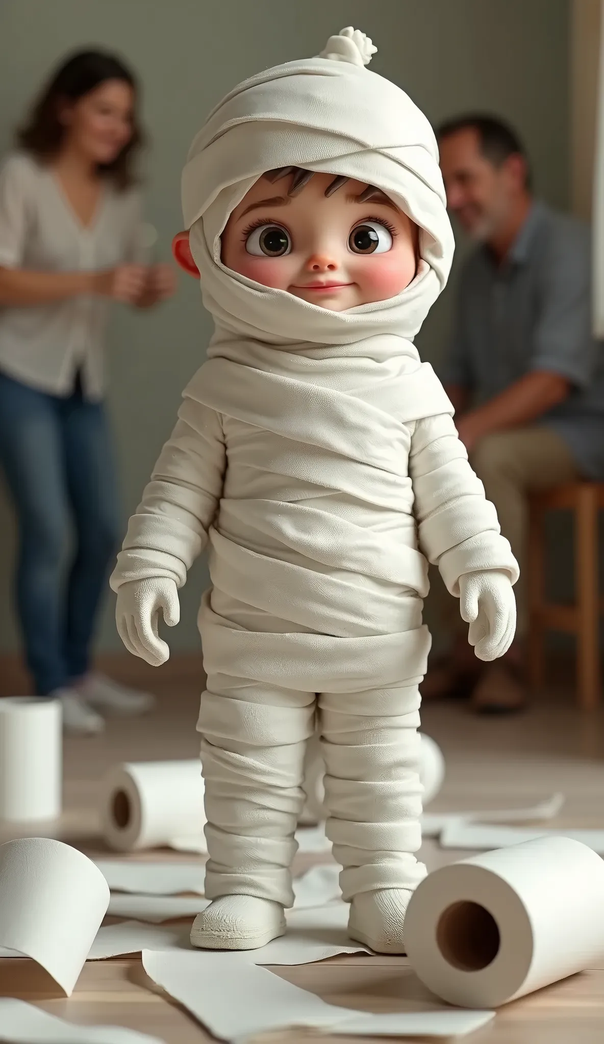 boy disguised as a mummy ,  wrapped with toilet paper ,  rolls of toilet paper rolling on the floor, funny scene,  pairs standing in the background of the scene ,  laughing when he sees his son in costume , UHD, Retina, masterpiece, Accurate, Anatomically correct, textured skin, Super detail, high details,  high quality ,  award winning , best quality, highres, 1080P, HD, 16K