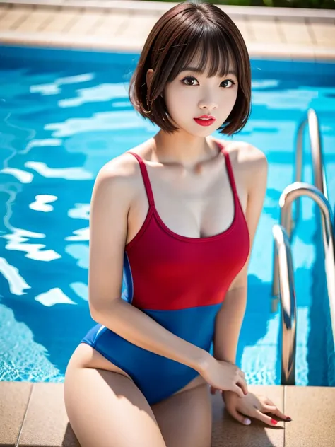 4K Quality, High Resolution, Realistic photo, Raw photo, Absolute masterpiece, Small breasts, Glossy skin, Detailed red lips, Bangs, Short wavy bob, Shes very young pretty student,
Shes staring at me,
Detailed blue one-piece school swimsuit,
School poolsid...