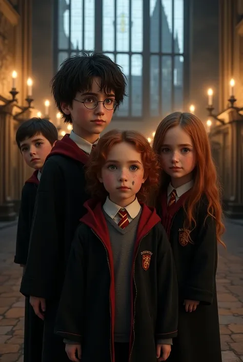 create a hyper-realistic image of harry potter  (eleven years) gina weasley (ten years) rony weasley (eleven years) hermione granger (eleven years) (girl long curly and voluminous brown hair ), four friends, estrutura corporal e fisica de crianças de elev