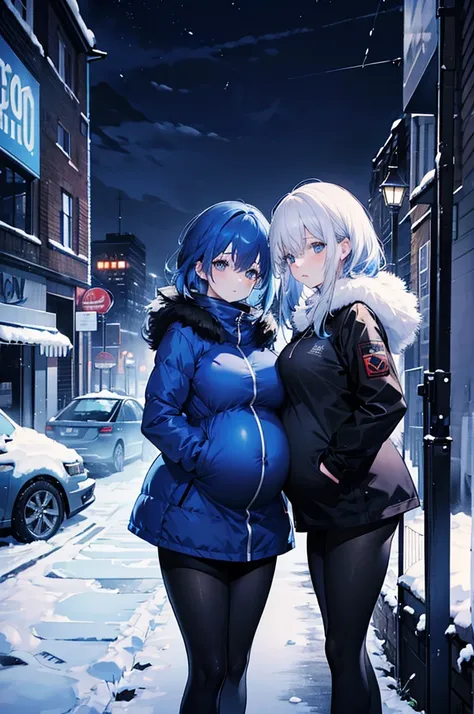 4k,high resolution, two woman, blue hair, medium hair, blue eyes, breasts, pregnant, night, snowy scene, dark coat, blue jacket,...