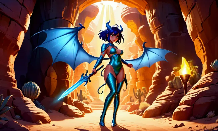 A cute woman (dragon slayer, mystic tattoos, sexy dragon scale slinky outfit, oversized glowing mystical weapon), she is in a heroic pose at the entrance to the dragon lair, desert cave