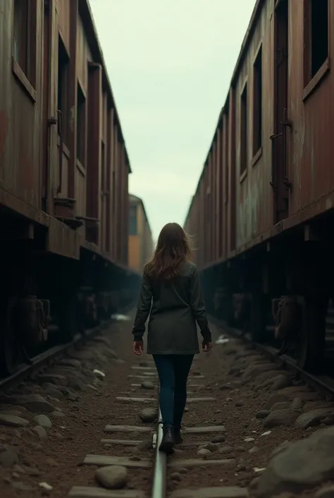 Behind image of an 18-year-old girl walking between two old and rusty long train wagons on a train yard while holding the hand of a man who is taking a picture of her from behind, The man does not appear in the image , The cameras view is the same as that ...