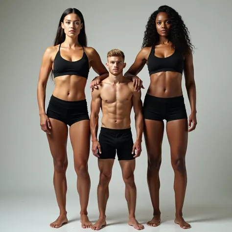 (Two Very Tall girls in the left and right, short man in the middle, the two girls are much taller than the man), girls are models, girls are ring girls, man is an mma fighters, girls are wearing black bras and shorts, man is shirtless and wearing black sh...