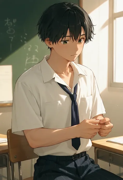 male、二人のmale、 teacher and high school student  、student uniform、slacks、 white shirt 、whole body、 black hair 、summer sunlight、二人の...