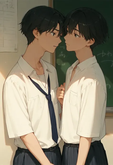  male、二人のmale、 teacher and high school student  、Student Uniform、slacks、 white shirt 、whole body、 Black Hair 、Summer sunlight、二人のmaleがキスをする、  long bangs 、 Black Hair 