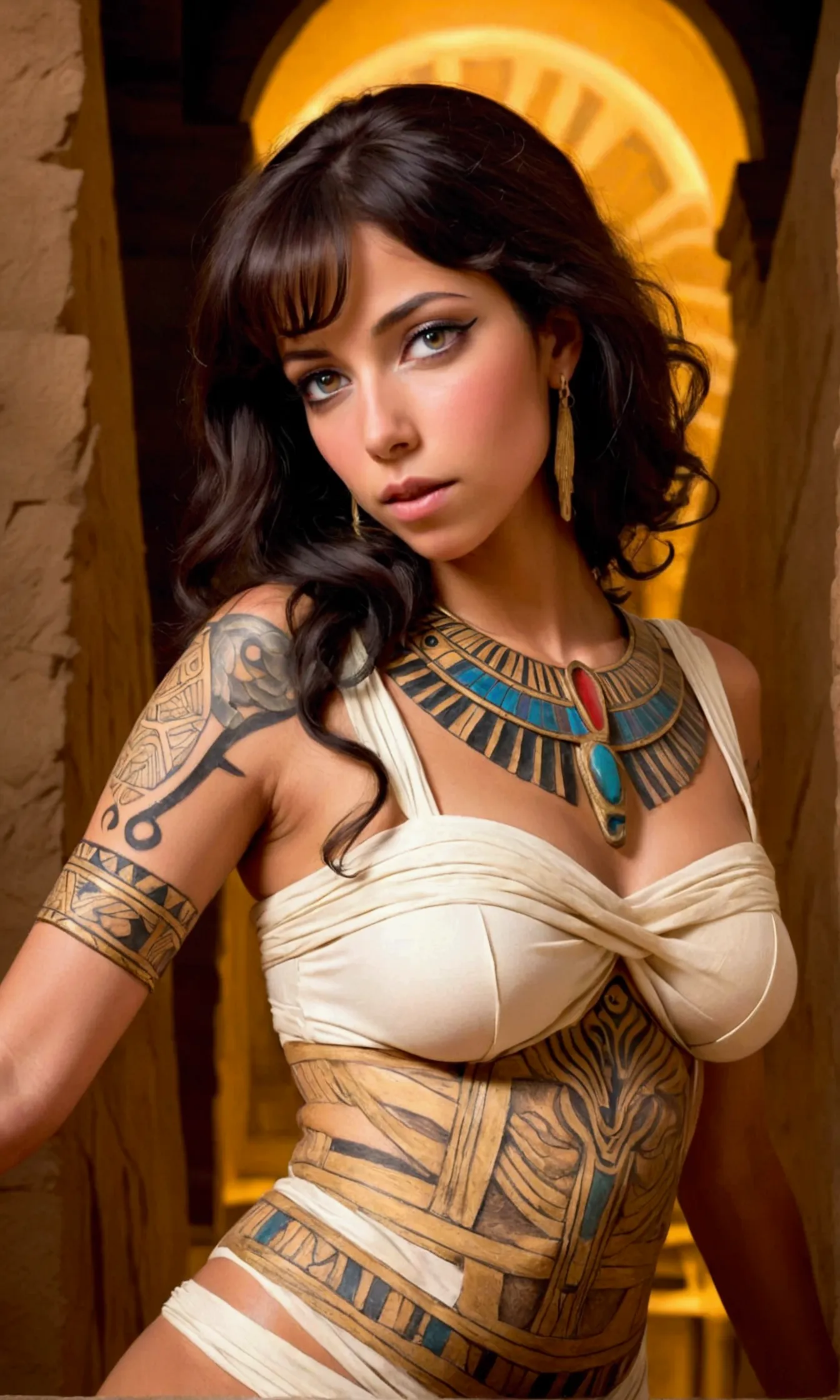 a cute woman (role of the mummy, intricate egyptian tattoos, loose bandage outfit, intense eyes), energy swirls around her sarco...