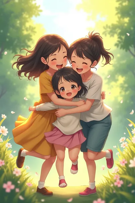 D
Anime of two women watching a girl run into their arms