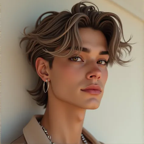 Cute hot sexy light tan skin boy 21 years with light brown mid length hair and silver hair strands on his front his hairstyle is middle part and his big eyes color are espresso.  I want his side profile with his button nose. He wears two hoop earrings on h...