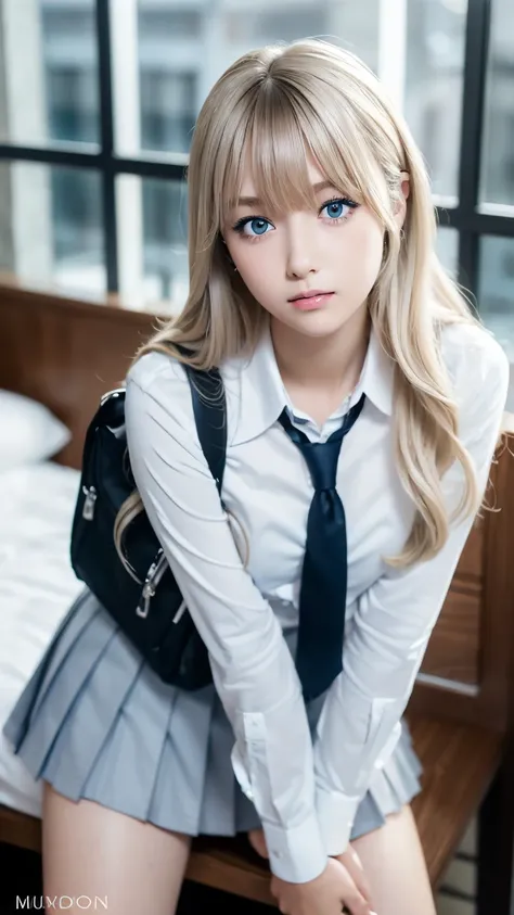 1girl,((high school student)),((High school girl photos)),(( high school uniform :1.25)),Grey pleated skirt,( school bag),( white shirt ),(((Hotel Bedroom))),((Night view)),candle lighting, blue eyes ,Distant eyes,( platinum blonde :1.15), long hair,Inward...