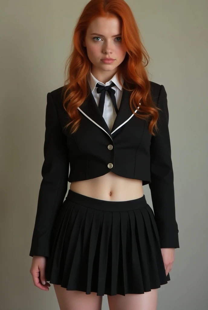 Redhead Russian girl , in school uniform, skirt, Visible stomach, Hot thighs, Black uniform