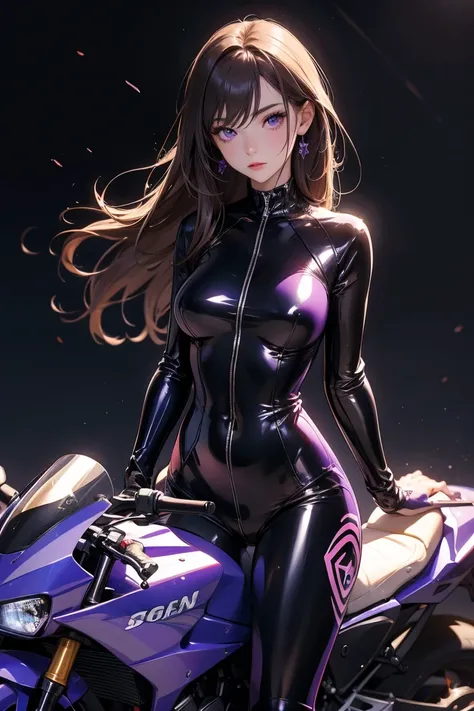 masterpiece, best quality, high resolution, 1 girl, super high resolution, purple eyes, bondage, latex suit,motorcycle,riders