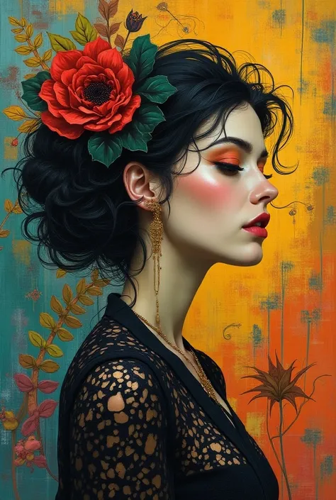 A mystically enchanting woman, exuding elegance and beauty, is depicted in a vibrant, abstract artwork. The background features a unique mix of cubism, surrealism, dadaism, and 1970s comic art style, with tetradic colors adding a striking visual impact. Th...