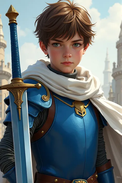  a brown-haired boy about  has red spots on his forehead,  Bastard sword in blue armor (knife) A young knight in a white cape 