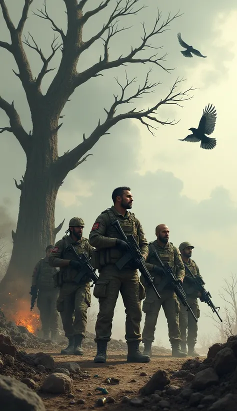 Group of men with combat uniform holding snipers under a dead tree with crows and flames surrounding them 