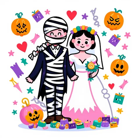 art illustration，flat style，hand-drawn style，bold thick lines， solid block of dopamine ， q cute cute ghost bride， mummy groom ，t...