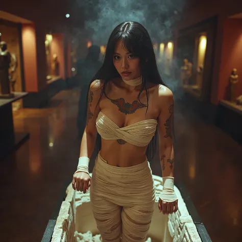 (1980s horror movie) a cute woman (role of The Mummy, intricate Egyptian tattoos, loose bandage outfit, bandages cover one eye and top of head, intense eyes), energy swirls around her sarcophagus as she emerges, her bare foot reaches for the floor, view is...