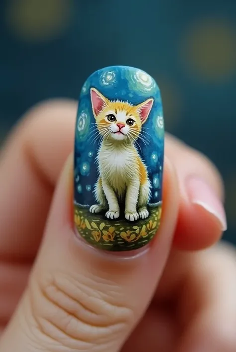 маникюр ногтей в стиле Van Gogh.  index finger The image is miniature ,  An exquisitely handmade work of art in the form of a sitting kitten is carefully painted with bright,  dreamy shades ,  reminiscent of  "A starry night " Van Gogh.  The kittens facial...