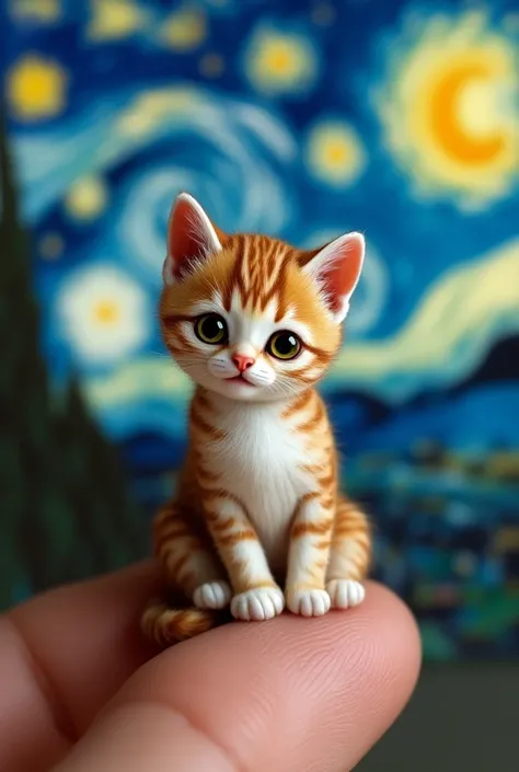 маникюр ногтей в стиле Van Gogh.  index finger The image is miniature ,  An exquisitely handmade work of art in the form of a sitting kitten is carefully painted with bright,  dreamy shades ,  reminiscent of  "A starry night " Van Gogh.  The kittens facial...