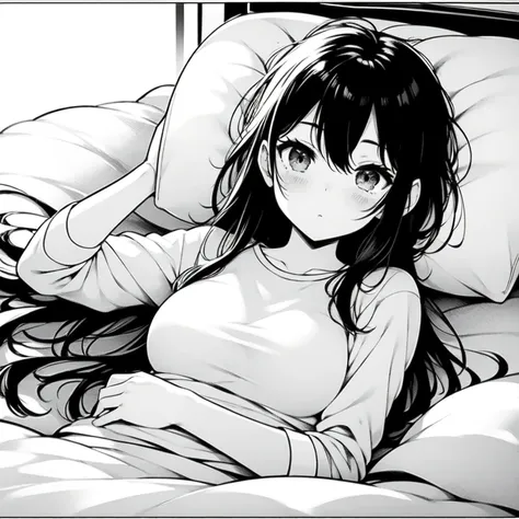 manga girl,he is,i just got up in bed writing in a message,holding his phone in his hand