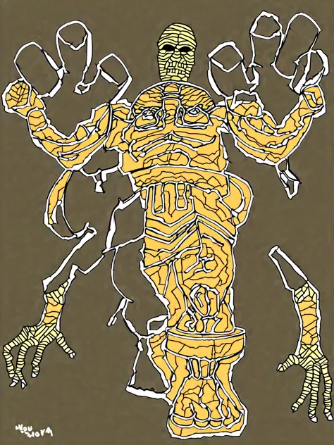 Mummy, Anakaris, Darkstalker, Pharoah mummy, 8 feet tall, lumbering, towering ominous warrior, dim faint glow eyes, unsettling, intense, too real, rotoscope, hand drawn, cartoon, cel shaded, 1990's videogame coloring, 