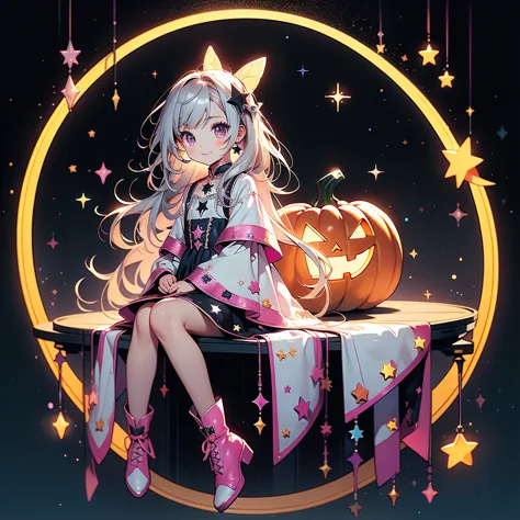 Chibi、cutestarの妖精、cute、（ beautiful eyes、Detailed eyes）、（ BEST DETAILS 、The best configuration、 perfect anatomy）、Full body front、Front、 facing the viewer、 one girl , best quality 、masterpiece、official art、Super detailed、 so beautiful、Pumpkin Fairy、Gray Hair...