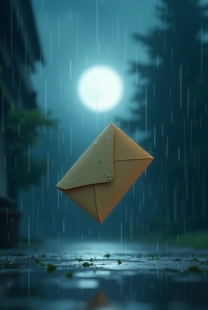  Close-up cinematic animated scene ,  where the envelope with the letter seems to float in the air ,  soft moonlight and rain create a reflective and dramatic atmosphere, 2023, HD Ghibli ,  artistic style is very detailed and bright 