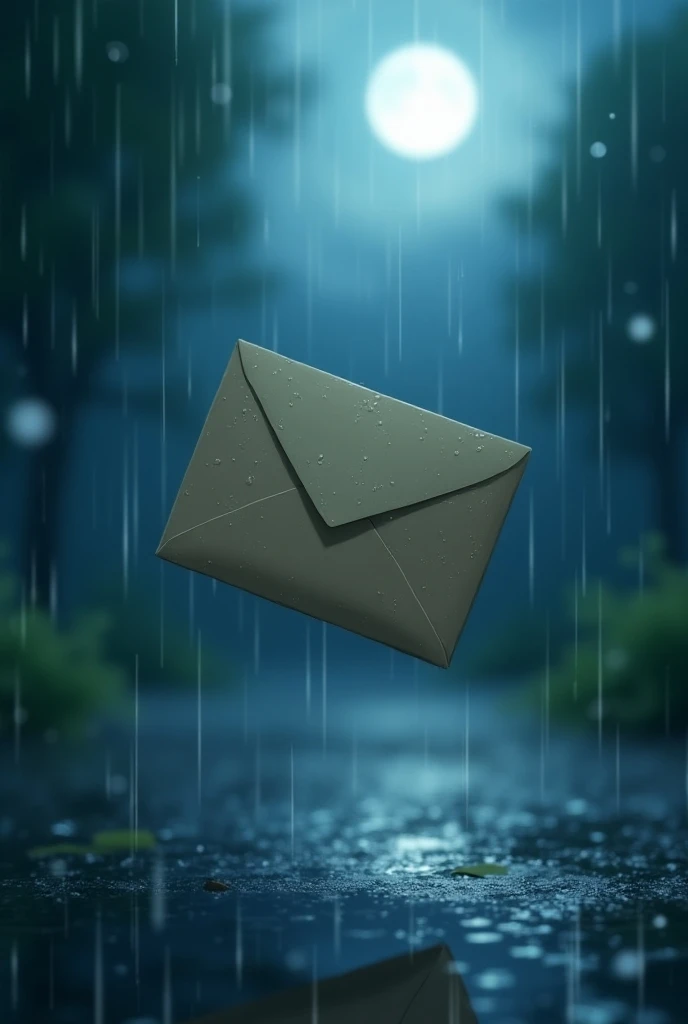  Close-up cinematic animated scene ,  where the envelope with the letter seems to float in the air ,  soft moonlight and rain create a reflective and dramatic atmosphere, 2023, HD Ghibli ,  artistic style is very detailed and bright 