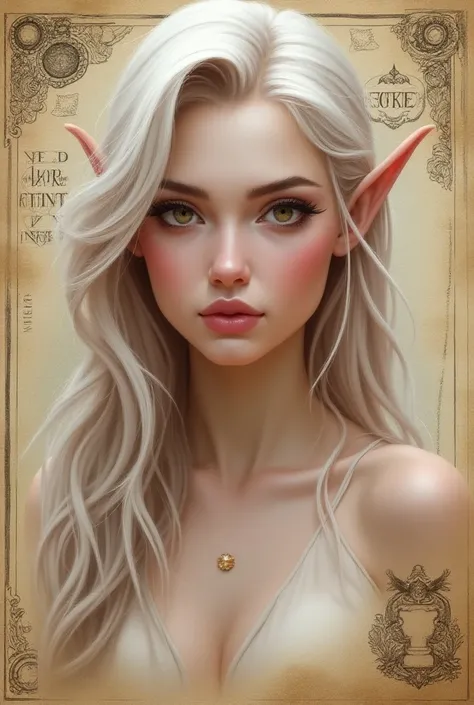  High-quality concept art portrait fantastic ,  beautiful and blond 18 year old girl with silver-pink hair and brown eyes,  white elf with many skin tones  (Bella Delphine ),  painted on weathered parchment , using "The Lord of the Rings" or " Dungeons and...