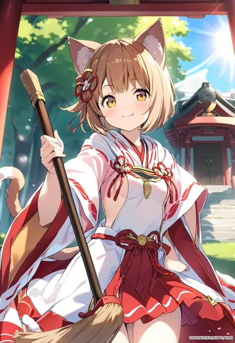 best quality、shrine maiden costume、shrine、cat ears and tail、cute single tusk、 very small breasts 、brown hair、無邪気なsmile、the sun s...