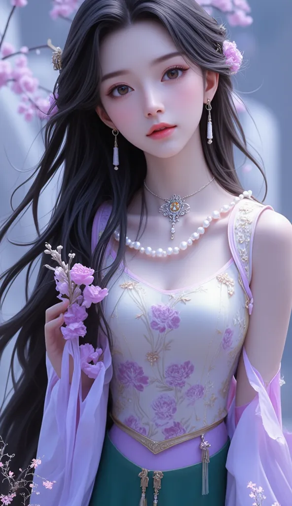 a close up of a woman wearing a yellow dress and a pearl necklace, beautiful south korean woman, yanjun chengt, ruan jia beautif...