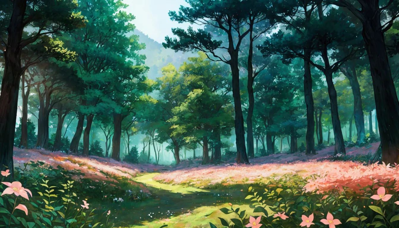 glowing forest cozy day sparkling ,morning , lofi anime style , landscape , natural , small, beautiful, glowing flowers