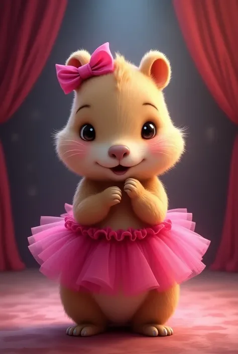  Cute and cuddly capybara baby with fuchsia tutu, and a fuchsia ribbon in her ear , shiny and fluffy fur , vista frontal, Holding the vocals ,  theater stage background .  Masterpiece of very good quality