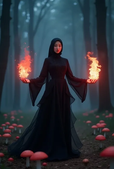 Mystical black rose forest at dusk with towering dark trees creating a mysterious and enchanting atmosphere.  In the center the scene is standing a beautiful young Korean woman of clean skin ,  with a calm expression ,  wearing a deep black dress  ,  that ...