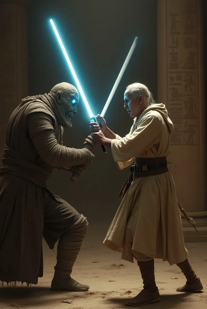 A Jedi Knight in a fierce battle against a mummy, wielding a lightsaber with intense focus. The scene is set in an ancient temple, with hieroglyphs on the walls and dim lighting. The Jedi wears traditional robes, and the mummy is wrapped in tattered bandages, with glowing eyes. Epic action pose, dynamic composition, cinematic lighting, high detail.