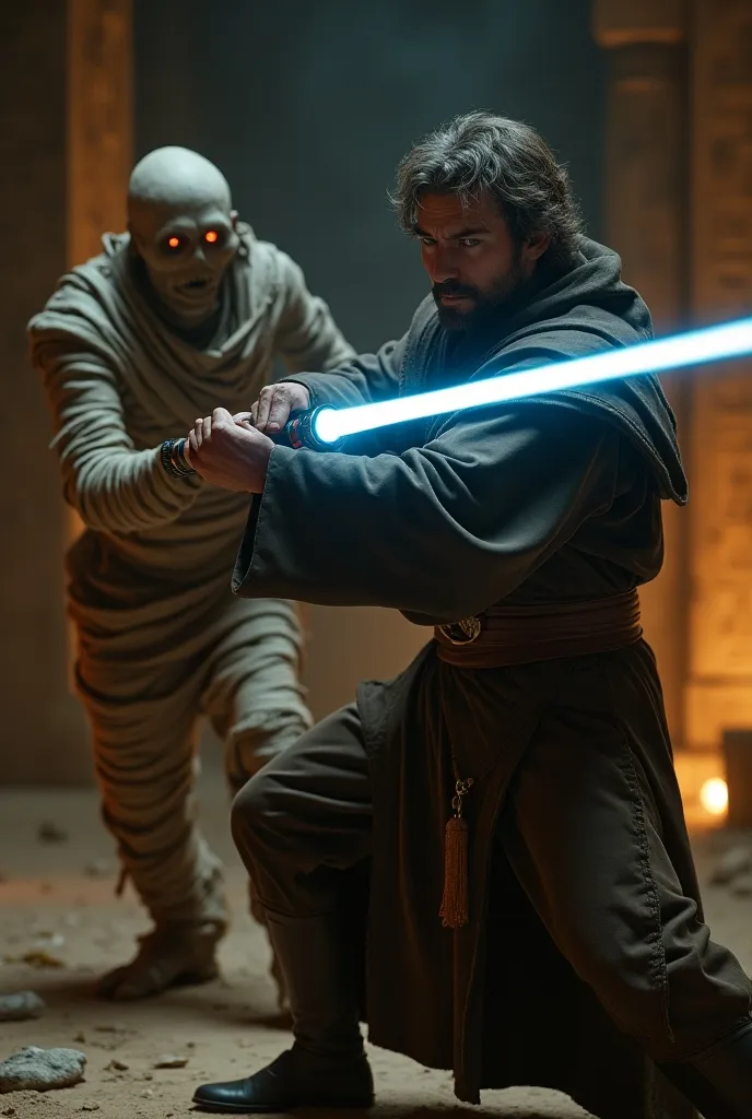 A Jedi Knight in a fierce battle against a mummy, wielding a lightsaber with intense focus. The scene is set in an ancient temple, with hieroglyphs on the walls and dim lighting. The Jedi wears traditional robes, and the mummy is wrapped in tattered bandages, with glowing eyes. Epic action pose, dynamic composition, cinematic lighting, high detail.