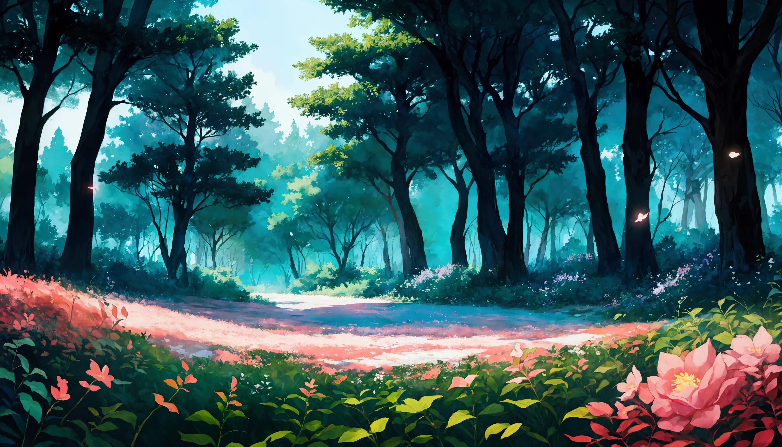 glowing forest cozy day sparkling ,morning , lofi anime style , landscape , natural , small, beautiful, glowing flowers