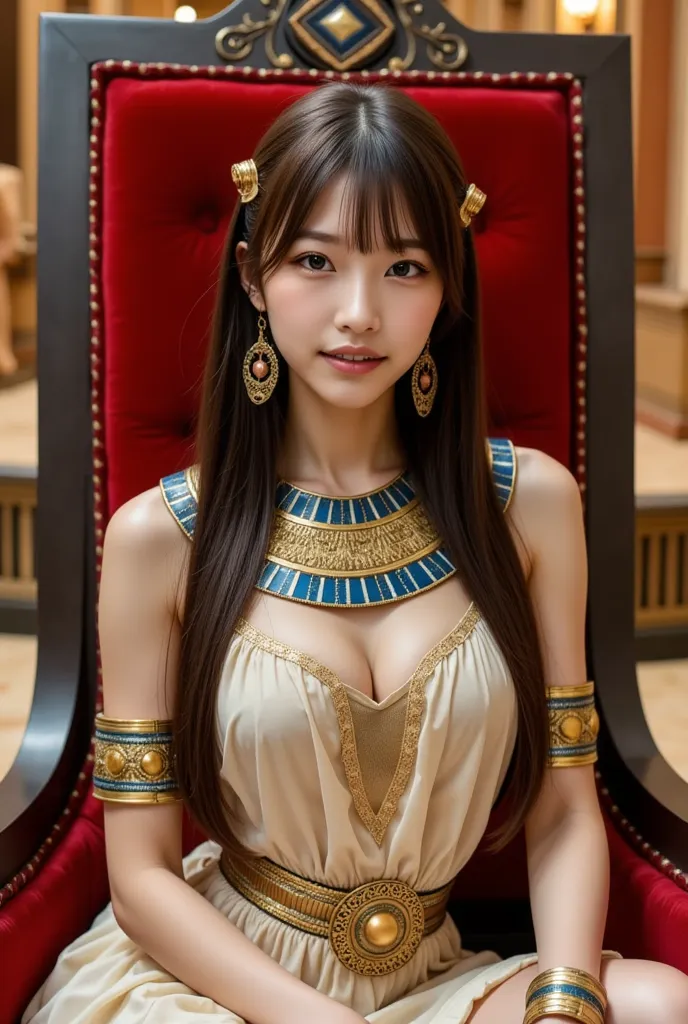 A beautiful woman dressed in a pharaoh costume sitting on a majestic throne, adorned with intricate golden jewelry and rich fabrics, surrounded by ancient Egyptian decor, vibrant colors, and a regal atmosphere, detailed expressions, cinematic lighting, fantasy art style.