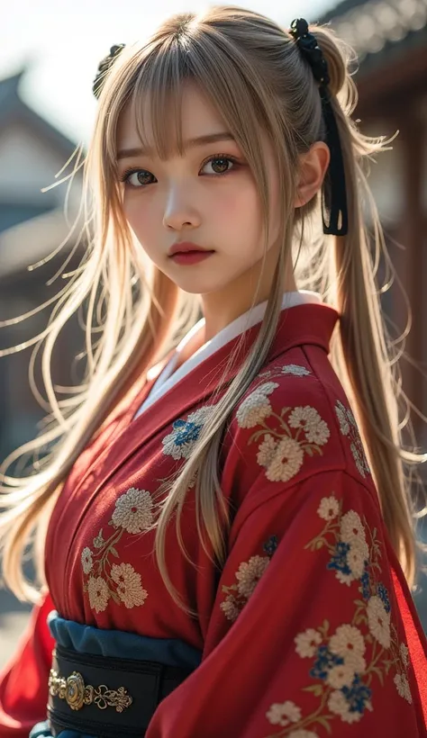  1 girl, Alone、Gal, Asian, (  wear long twin tails ),  Hair Ribbon ,blonde, Brown Eyes ,(jiraikei、Edo Period Costumes, Samurai costume 、Samurai Costume、masterpiece,  best quality , shape, super detailed, Fine details,  Kampala, 8k,wallpaper, perfect dynami...