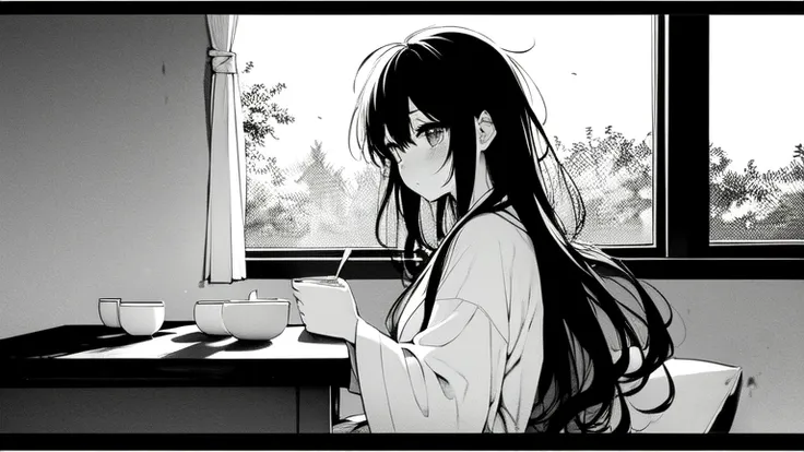 manga girl,he is,having breakfast with a robe in the dining room