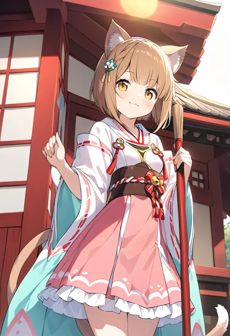 best quality、shrine maiden costume、shrine、cat ears and tail、cute single tusk、 very small breasts 、brown hair、無邪気なsmile、the sun s...