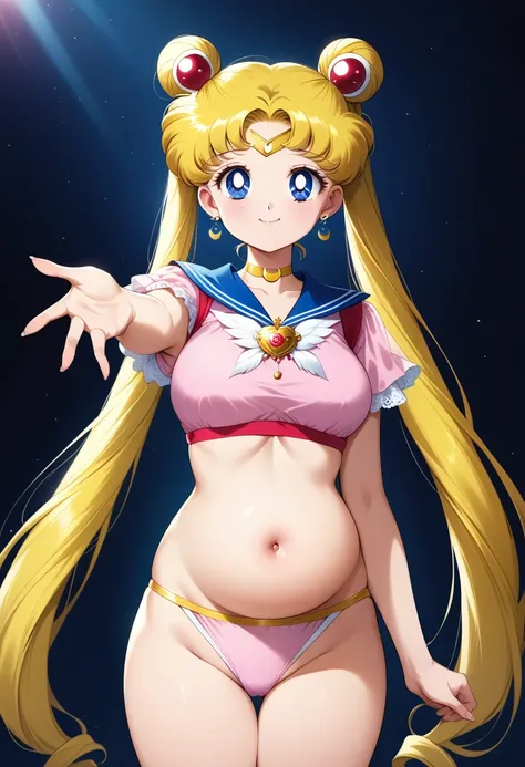 (masterpiece, best quality, very aesthetic, ultra detailed), intricate details, 4k, aausagi, long hair, double bun, twintails, parted bangs, earrings, blue eyes,pink shirt, standing, cowboy shot, belly button, midriff reaching out, smile