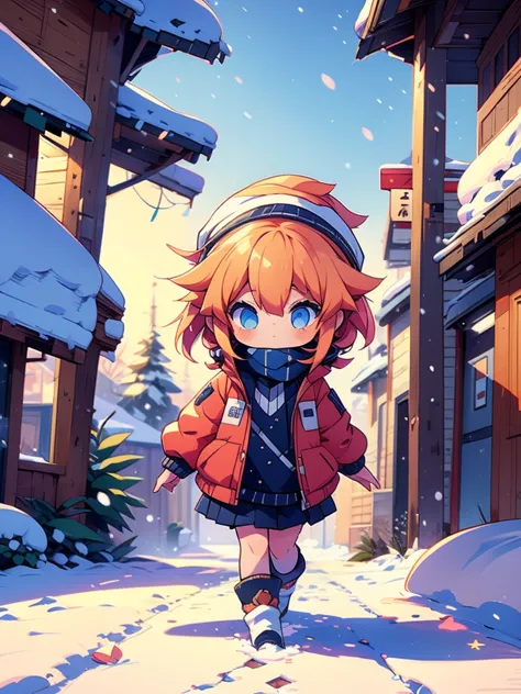 (1girl), walking down a snowy path during the winter season, chibi, heavy jacket, looking at camera, (random poses)