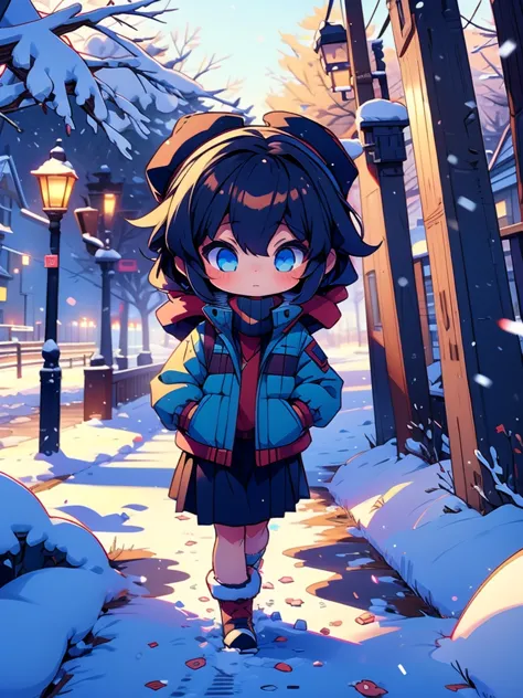 (1girl), walking down a snowy path during the winter season, chibi, heavy jacket, looking at camera, (random poses)