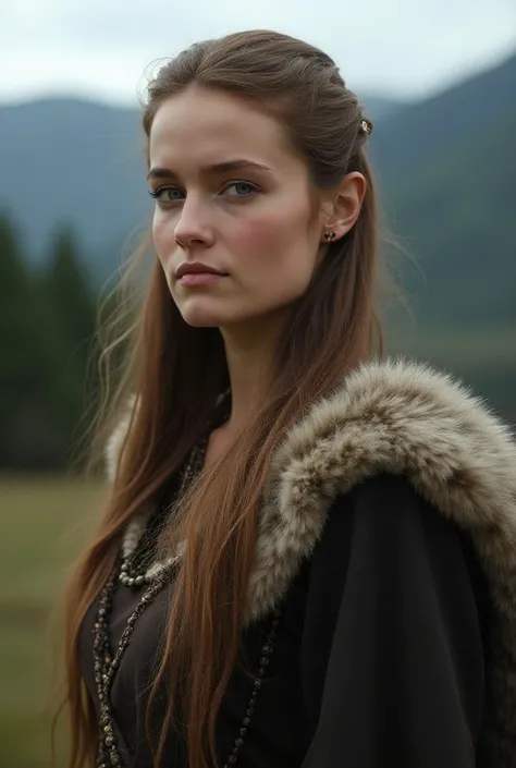 Tender woman in Viking clothes, not very aggressive, about 22 years old