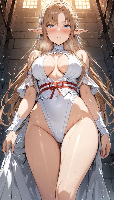 masterpiece, supene illustration, best quality, light particles, ultra detailed, perfect anatomy, Japanese anime style, 8K, (woman), Medium breasts, shiny hair, shiny skin, oily skin, beautiful face, blush,dungeon,sao asuna yuki titania style,(famale elf),...