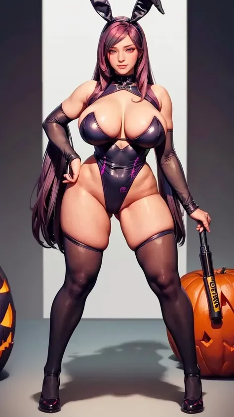 bunny,striderscribe,2 striderscribe girls,two girls,cyborg girl,belle delphine, (sagging huge long wide heavy breasts),halloweee...