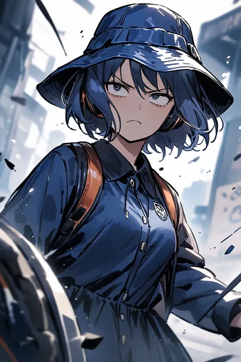 solo, 1 female,Highest quality, masterpiece,a woman with navy blue short hair who looks pale with headphones on and Wearing bucket hat,Action scene, serious face and cool atmosphere