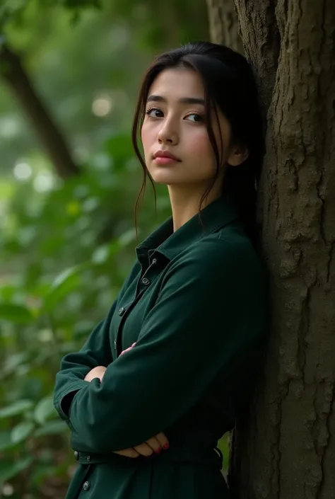 a beautiful young uzbek girl wearing a dark green dress, black sneakers, and her dark brown hair tied up, leaning against a tree and looking up at the sky, detailed portrait, photorealistic, high resolution, 8k, cinematic lighting, lush environment, vivid ...