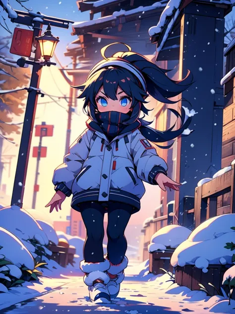 (1girl), walking down a snowy path during the winter season, heavy jacket, looking at camera, (random poses)