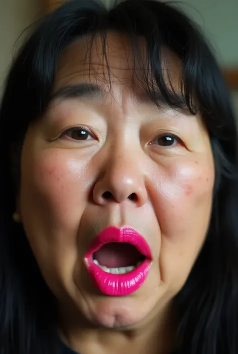 Closeup photo of an obese elderly Asian womans face 。 plump lips with neon pink lip gloss。She was surprised, She closed her eyes、Mouth wide open。 has closed eyes 。 Black Hair 。afternoon